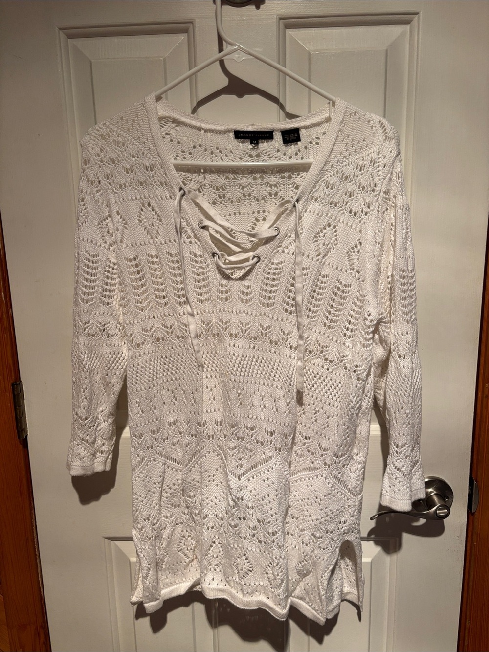 JEANNE PIERRE White Open-Knit Lace-Up Sweater